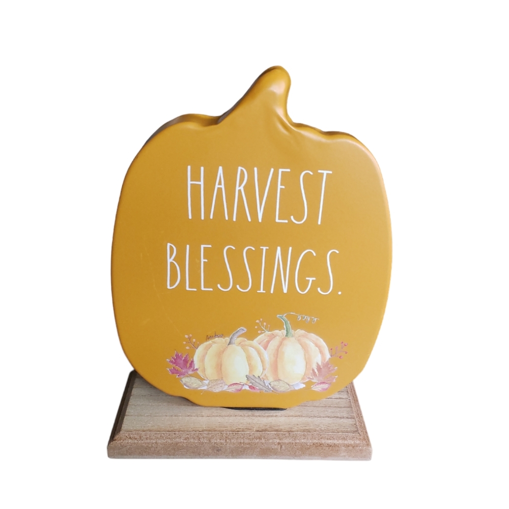 Rae Dunn Harvest Blessing Metal on Wood Stand Pumkin Fall Halloween Decor